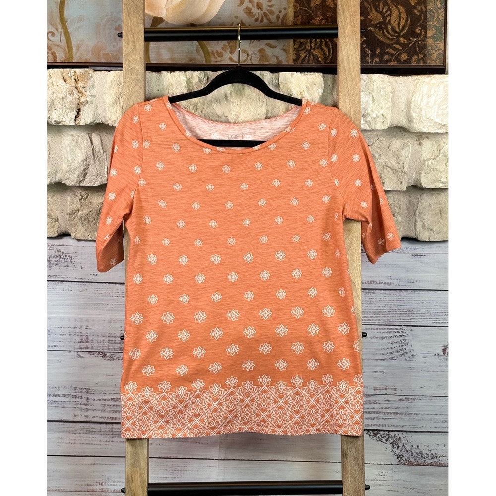 Loft Outlet Soft Orange Floral Border Print Cotton Elbow Sleeve Top Small - Picture 3 of 6